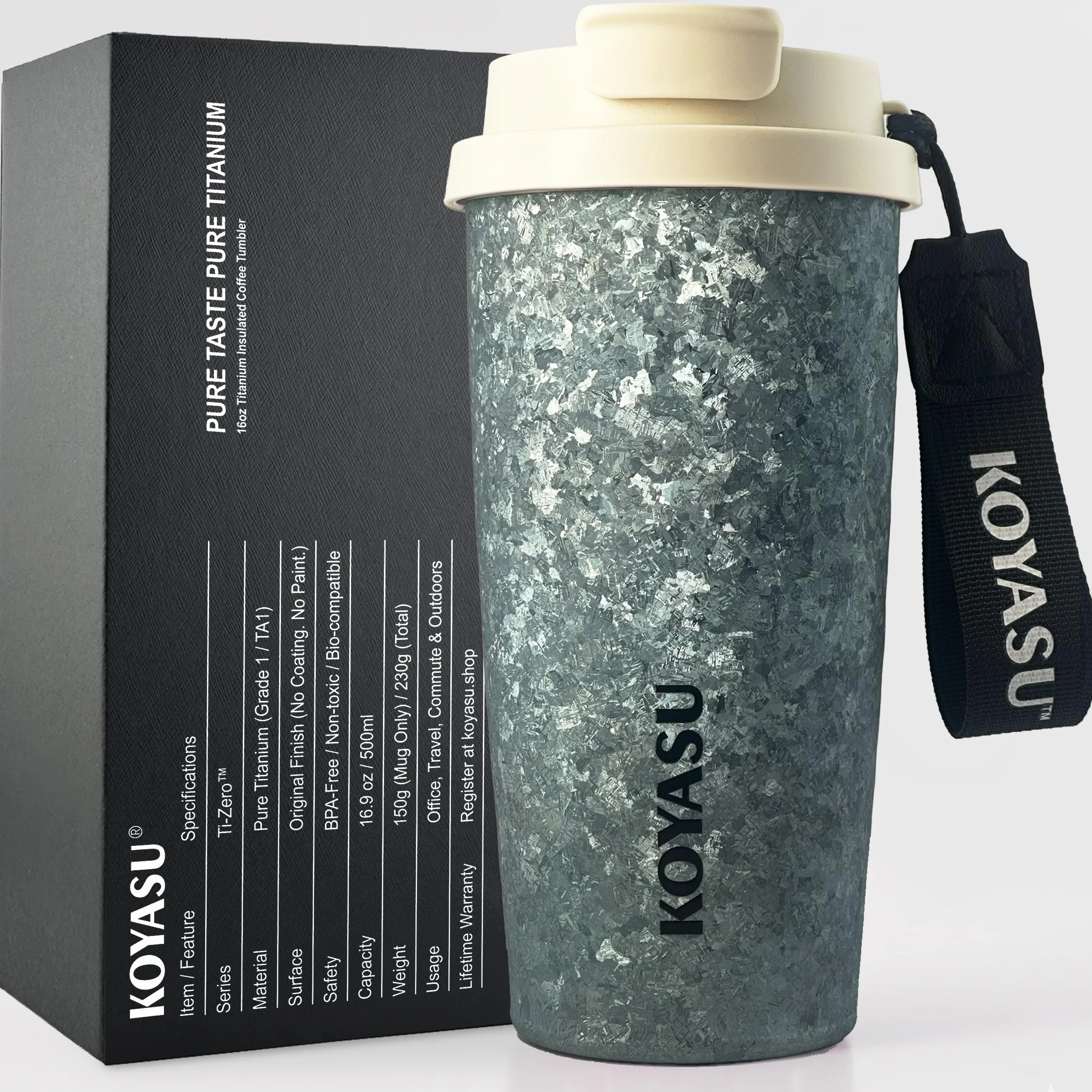 KOYASU Ti-Zero 16oz Pure Titanium Tumbler - Zero Metallic Taste Coffee Mug - Biocompatible & Non-Reactive for Flavor Fidelity - Double Wall Vacuum Insulated Travel Mug (Glacial Blue)