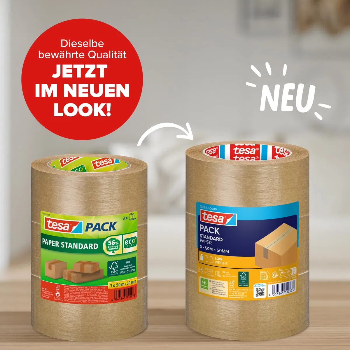 tesa tesapack Standard Paper - Paketklebeband aus Papier - 56 Prozent erneuerbare Materialien - handeinreißbares Klebeband für leichte Pakete - Braun - 3 x 50 m x 50 mm