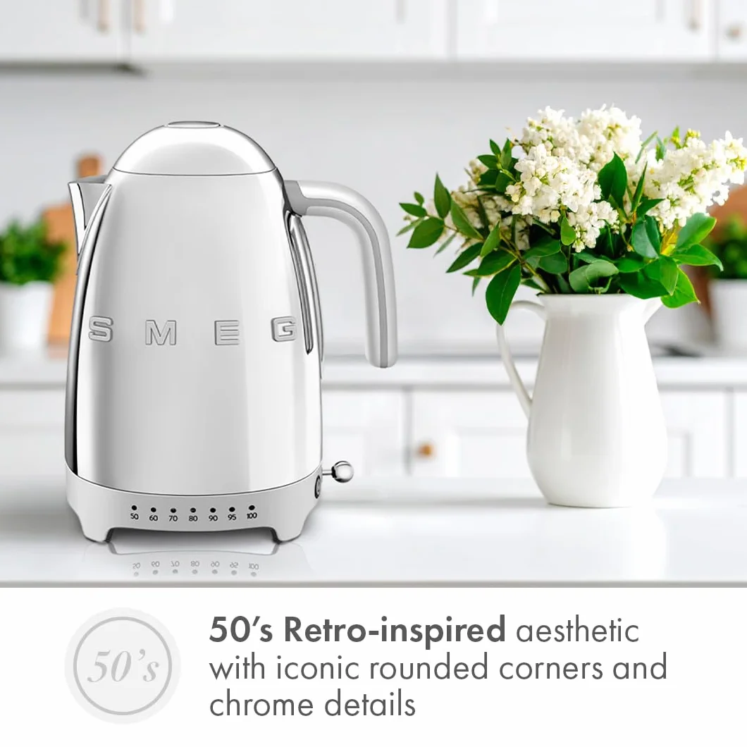 Variable Temperature Electric Kettle 1.7L (7 Cup), Stainless Steel Tea & Coffee Kettle, Fast Boil, Adjustable Temp 122°F–212°F, Keep Warm, Auto Shut-Off, 360° Base, Retro Style-Silver
