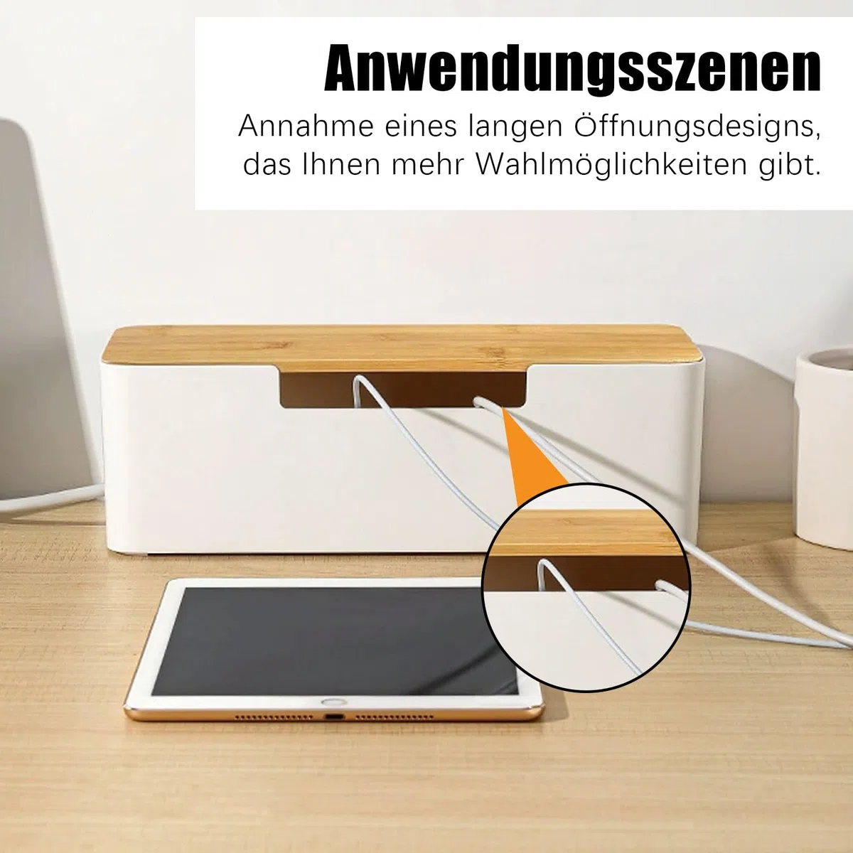 Kabelbox, Cord Organizer Box mit Hölzernem Deckel, 30x13x10cm Kabel Organizer Box Mit Kabelbinder und Kabelhaltern, Cable Management Box, Steckdosenbox, für Verlängerungskabel, Versteckte Kabel, Weiß