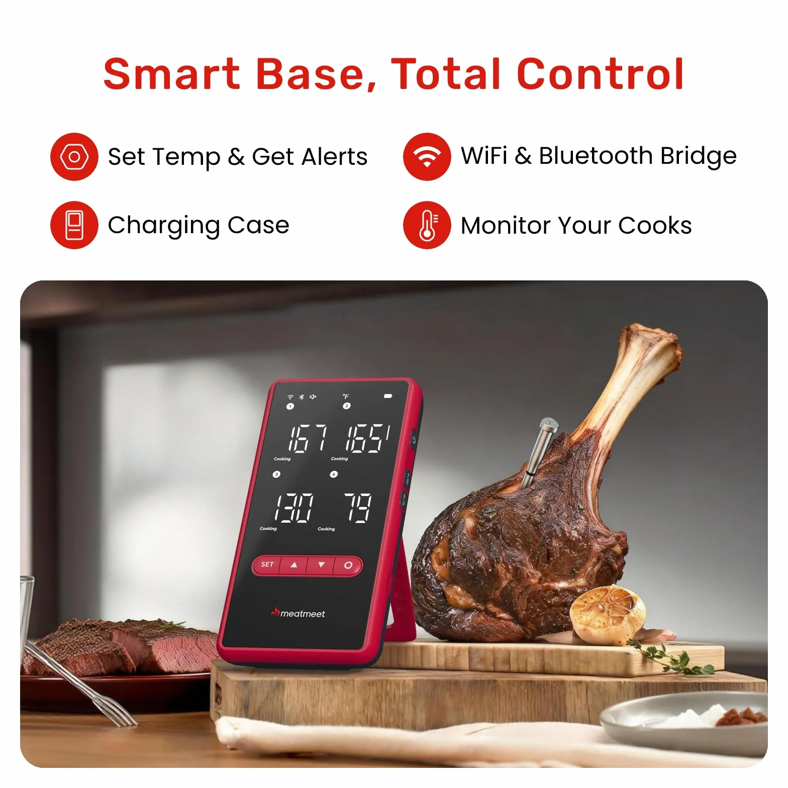Bluetooth Meat Thermometer Wireless, 4 Probes, Standalone Base | 6 Sensors With ±0.18°F Accuracy, WiFi, IP69 Waterproof, AI-Guided Cooking, for Kitchen, BBQ, Grill, Oven, and Smoker