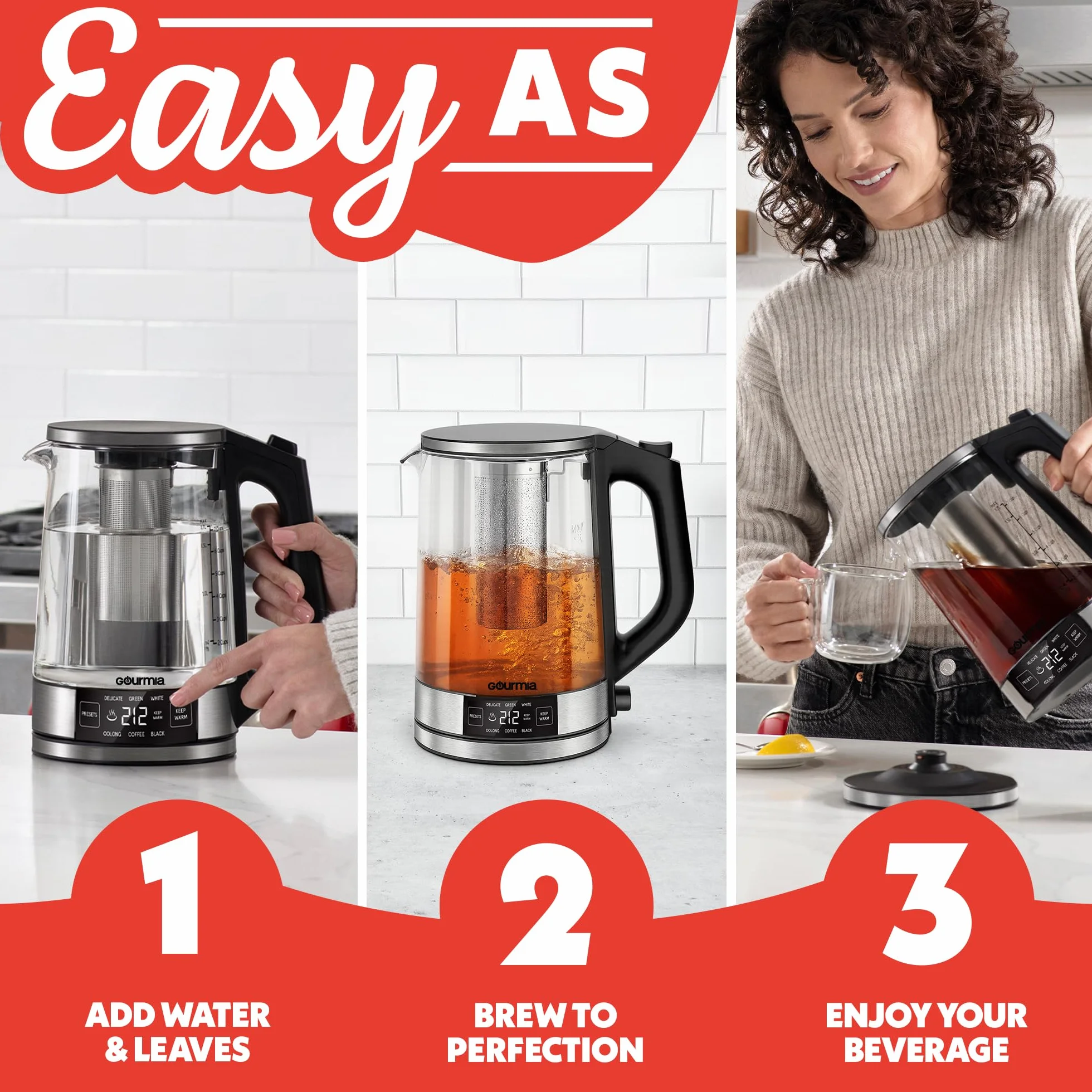 Programmable Digital Glass Kettle – 1.7L Adjustable Temperature Electric Kettle with 6 Presets, Keep Warm, Stainless Steel Tea Infuser, 360° Swivel Base, Black