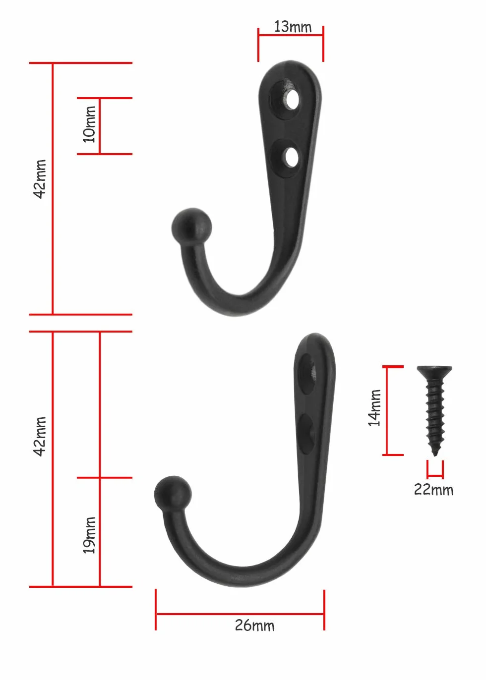 Fuxxer 10x Klassische Eisen-Haken für Garderobe, Handtücher, Deko, 42x26mm schwarz